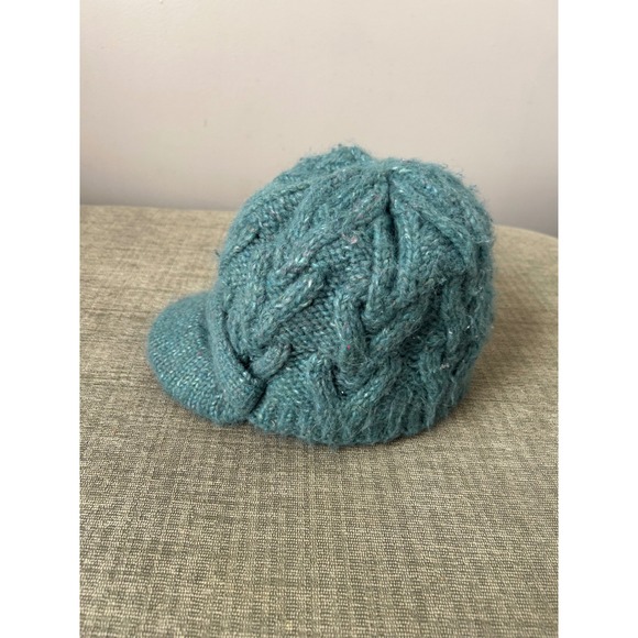 Y2K 2000s Turtle Fur Women's Knit Visor Hat Braided Cable Knit Beanie Turquoise - Picture 1 of 3